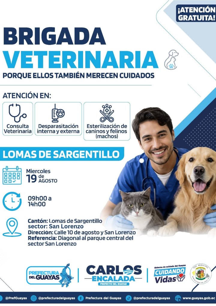 Brigada veterinaria gratuita de la Prefectura del Guayas atenderá a mascotas en Lomas de Sargentillo