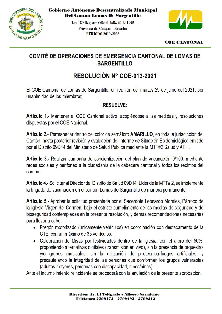 Lomas de Sargentillo activa semáforo amarillo por COE ante situación actual